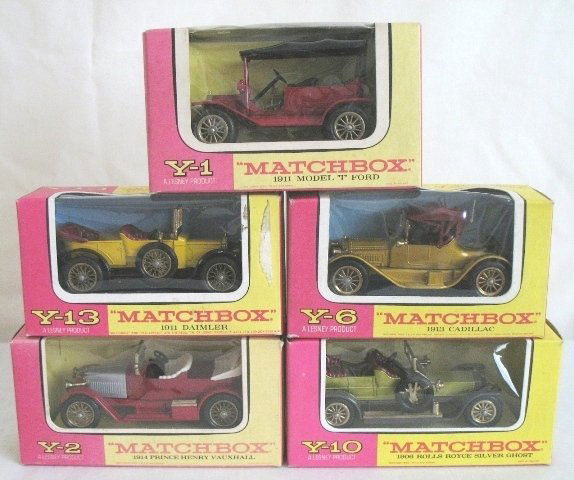 5x Matchbox Yesteryear Cars B: 5x Matchbox Yesteryear Cars B (1) Y1-2 Model T Ford. Red body, smooth roof, no holes in base, single brake lever. (2) Y2-3 Prince Heny Vauxhall. Red body, silver bonnet, brass petrol tank. (3) Y6-3 Ca