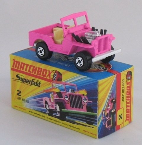 Matchbox Superfast 2b Jeep Hot Rod PINK/WHITE: Matchbox Superfast 2b Jeep Hot Rod. Pink body, RARE WHITE BASE, lemon interior. Model is very near mint in a mint box.