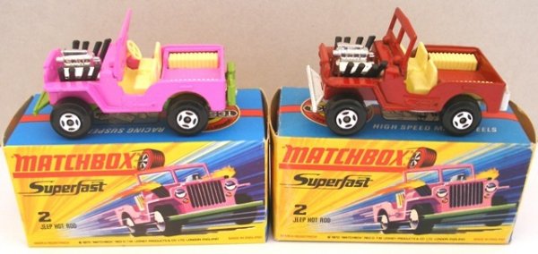 2x Matchbox Superfast 2b Jeep Hot Rod variations: 2x Matchbox Superfast 2b Jeep Hot Rod variations. (1) Pink with LIGHT GREEN base, Cream interior. Model is very near mint in a mint box. (2) RED BODY, Cream interior. Model is very near mint in a near