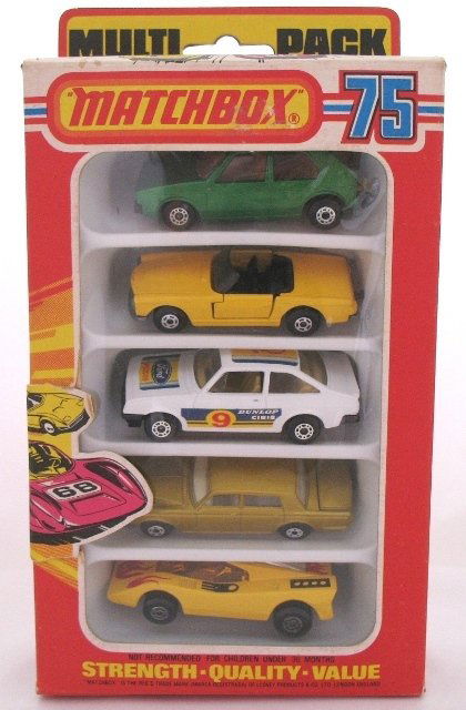 Matchbox Superfast MP-1 Multipack (b): Matchbox Superfast MP-1 Pack B. Includes (1) 7c VW Golf. (2) 9c Ford RS2000 Escort. (3) 24a Rolls Royce - gold body. (4) 27a Mercedes 230sl. (5) IX Flamin Manta. Models are very near mint to mint in a