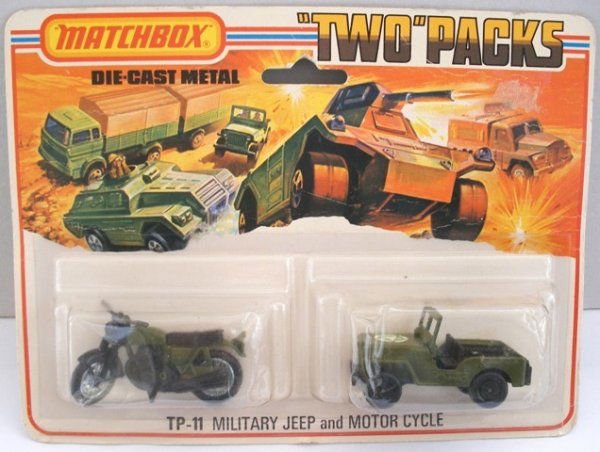 Matchbox Superfast TP11 Military Jeep + Motorcycle: Matchbox Superfast TP11 Military Jeep and Motorcycle B. (1) 2b Jeep, STAR label, 4-SPOKE WHEELS AND 2 Jeep Hot Rod base.(2) 18b Hondarora, Olive body, black seat, wire wheels. Models appear mint on an