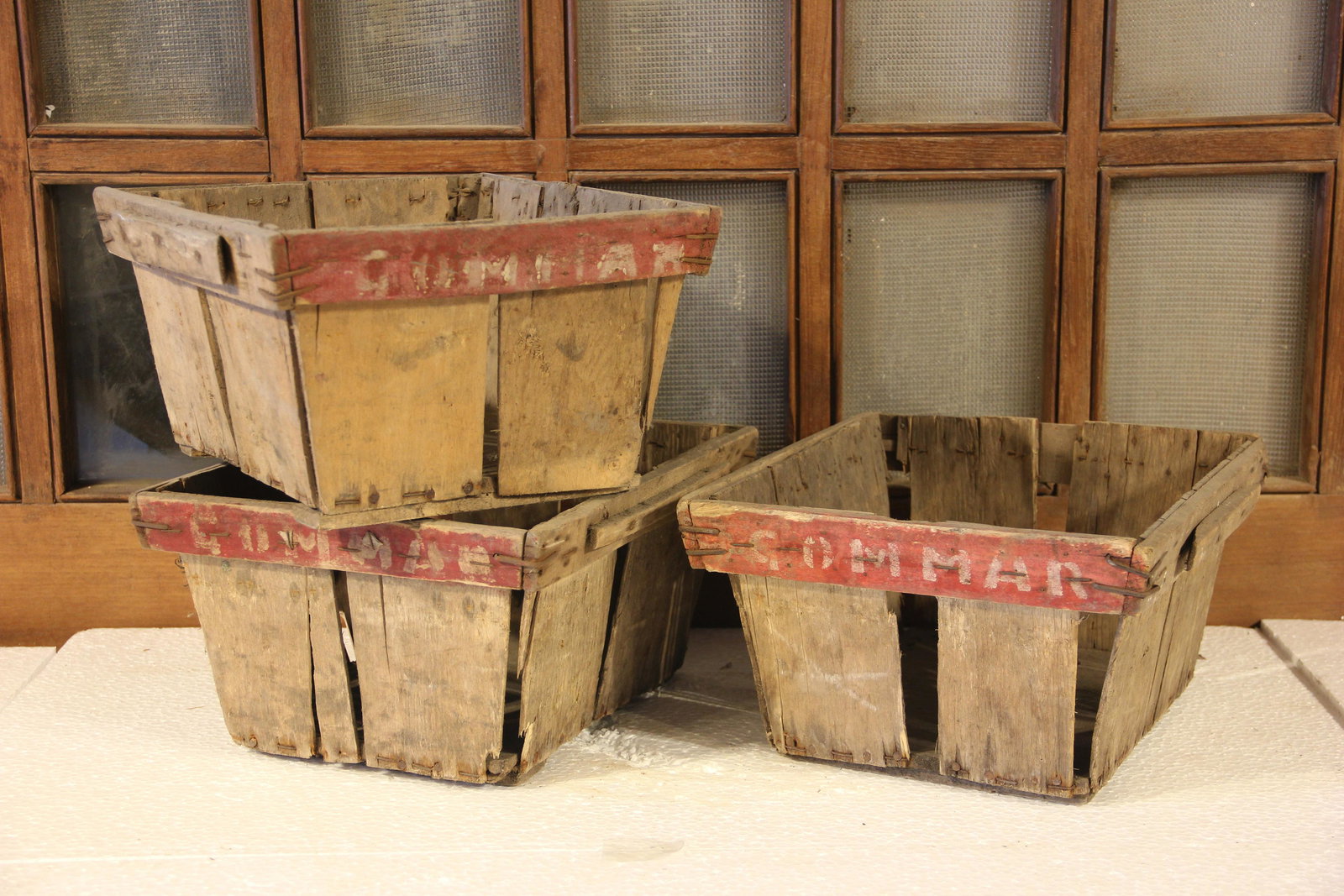 Lot of 3 Chickory Crates: Lot of 3 Belgian chickory crates/boxes, used for holding fresh produce at European markets. Original paint along the top trim of the name of the farm they came from! Endless ideas for repurposing thes