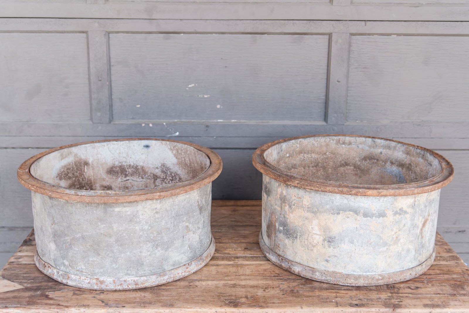 Lot of 2 French Barrels: Lot of two zinc French barrels with great patina