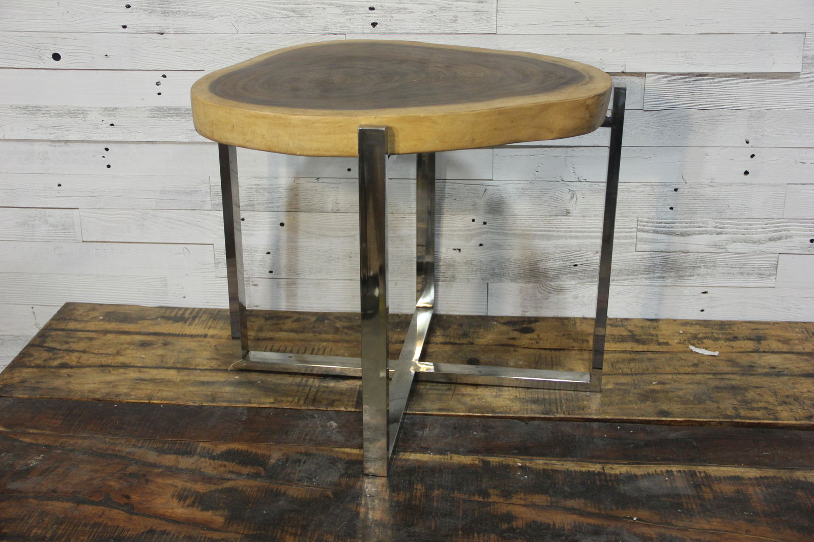 Live Edge Side Table: Live edge tree slab on polished chrome base