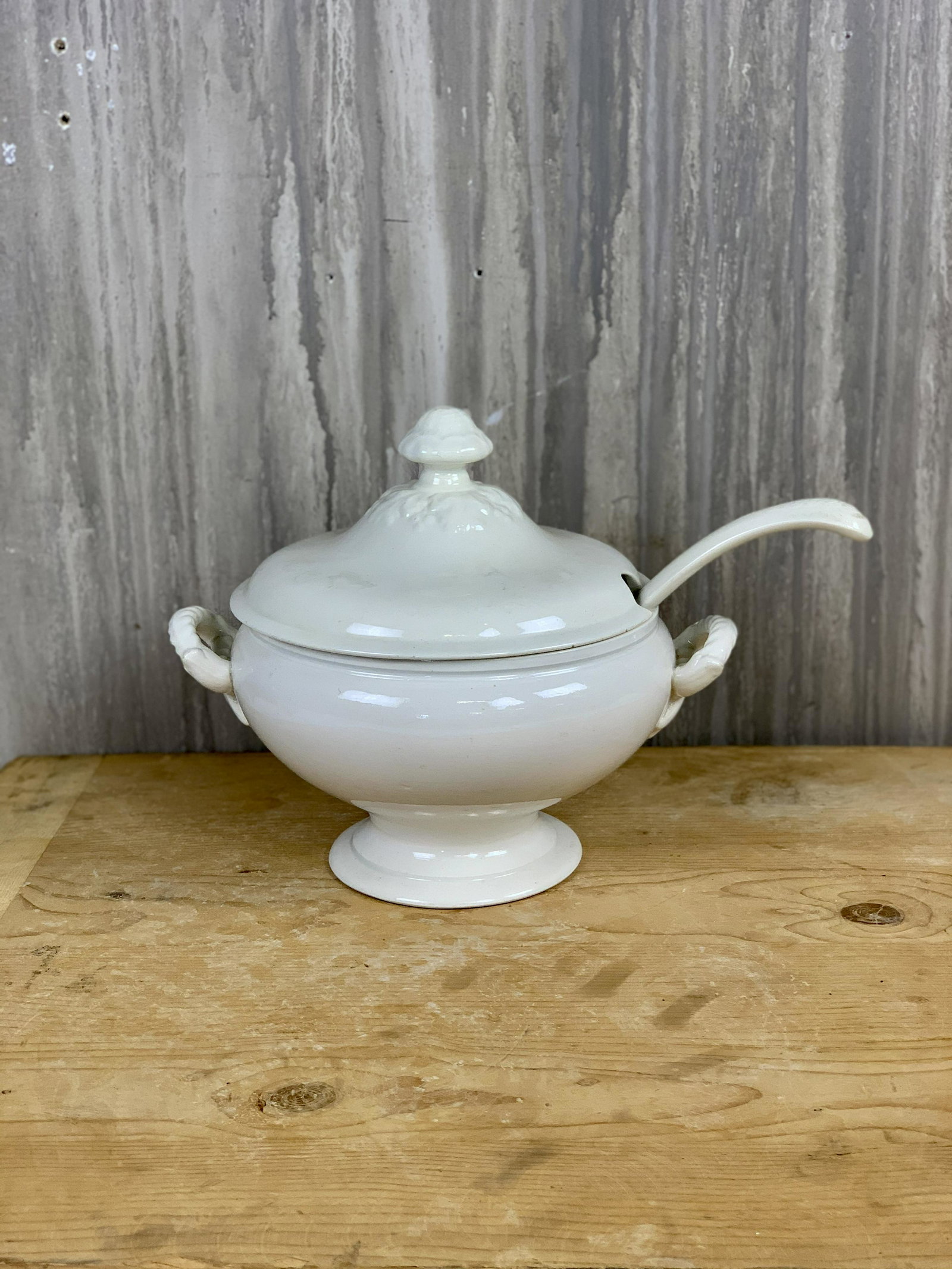 Ironstone Soup Tureen: Gorgeous French ironstone soup tureen with ladle and lid.