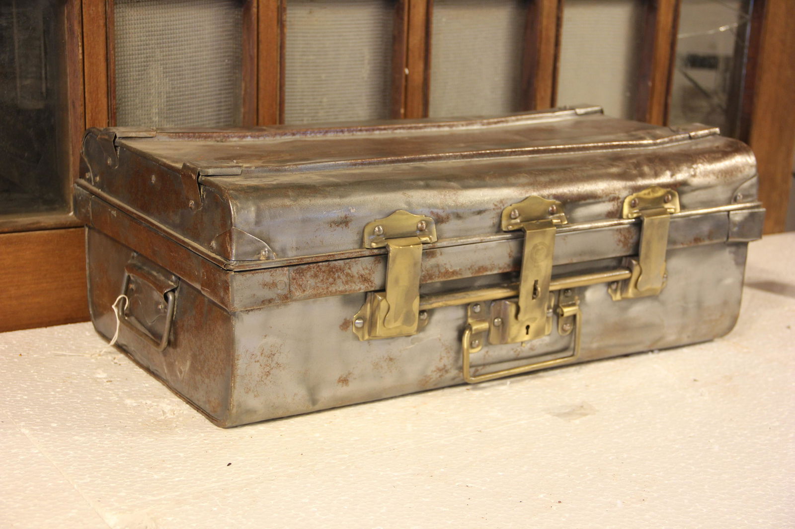 Metal Military Trunk With Brass Hardware: Vintage metal military case with working brass hardware