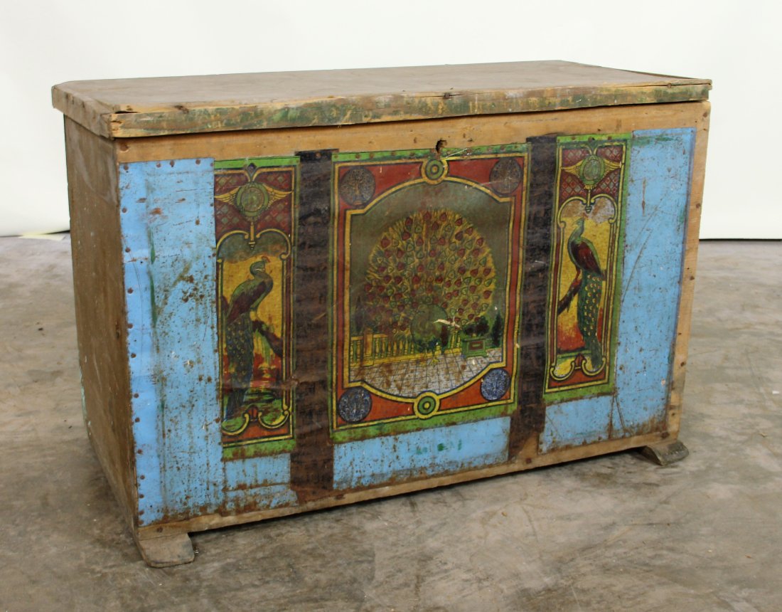 Antique Turkish Blanket Chest: A beautiful antique wooden chest from Hungary with a hand painted metal clad front