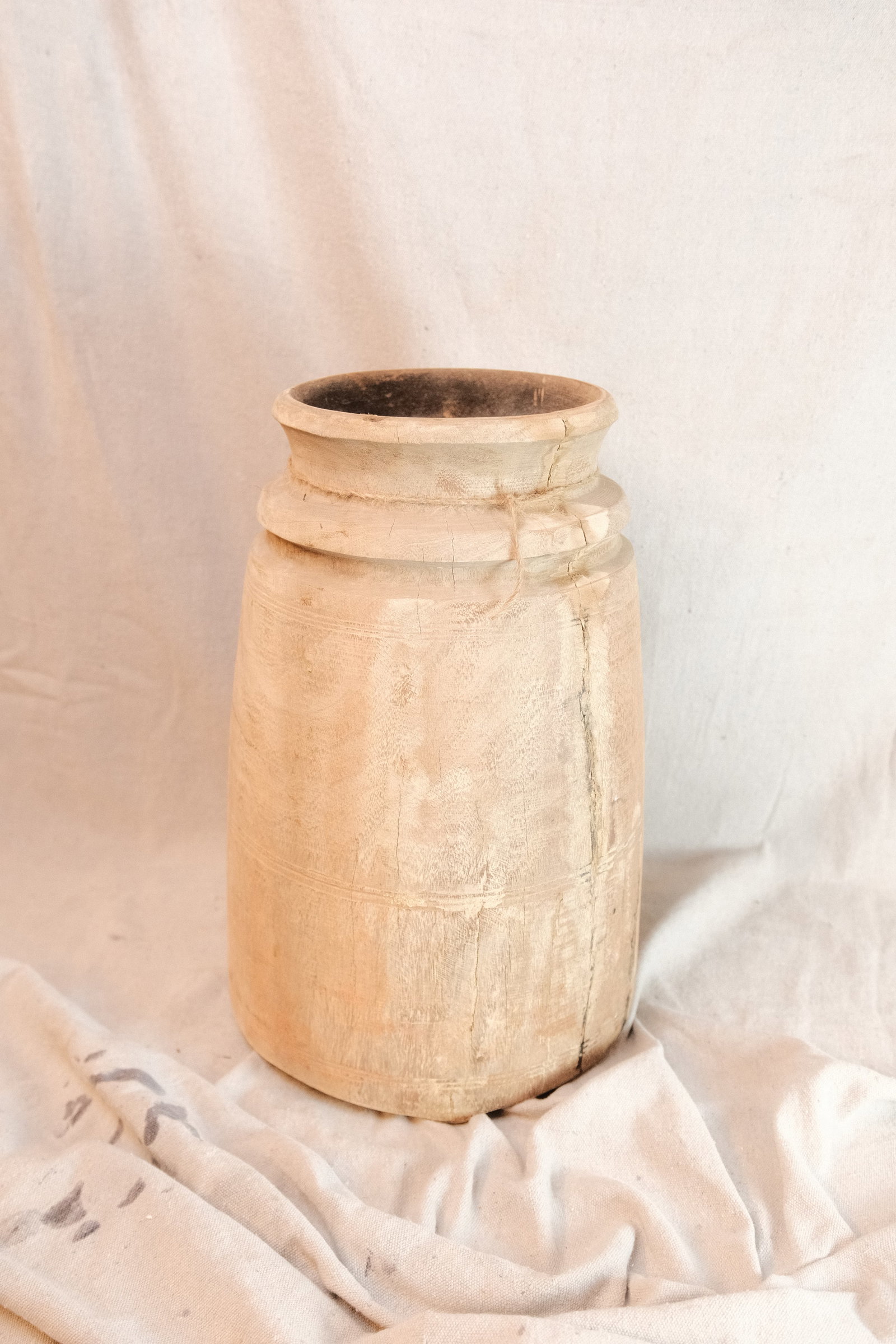Bleached finish Wood Seeder Pot: Anglo Indian Hand Tooled Seeder Pot