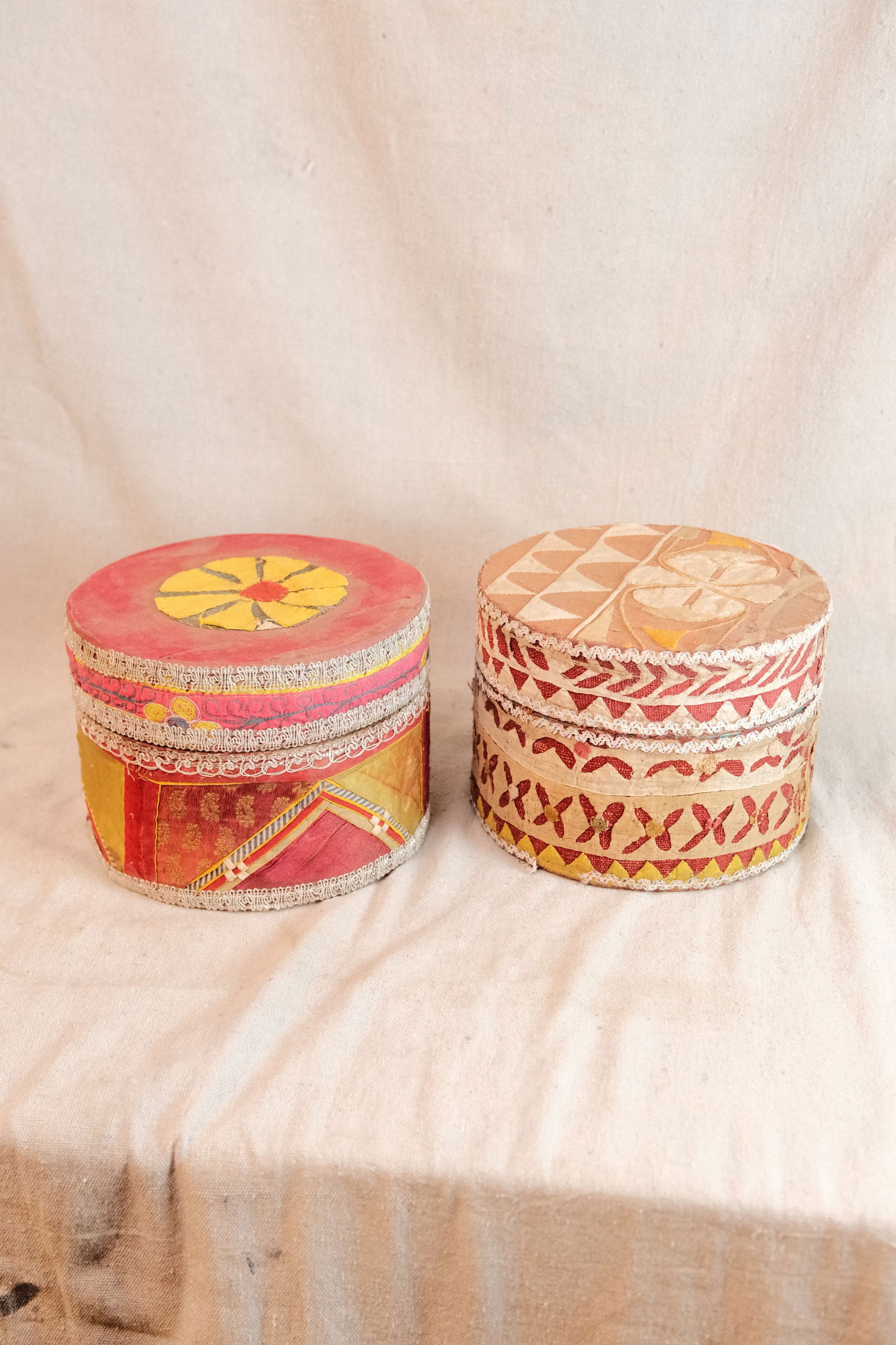 Festive Cloth Covered Round Storage Box with fitted lid, set of 2 (1 of 4)