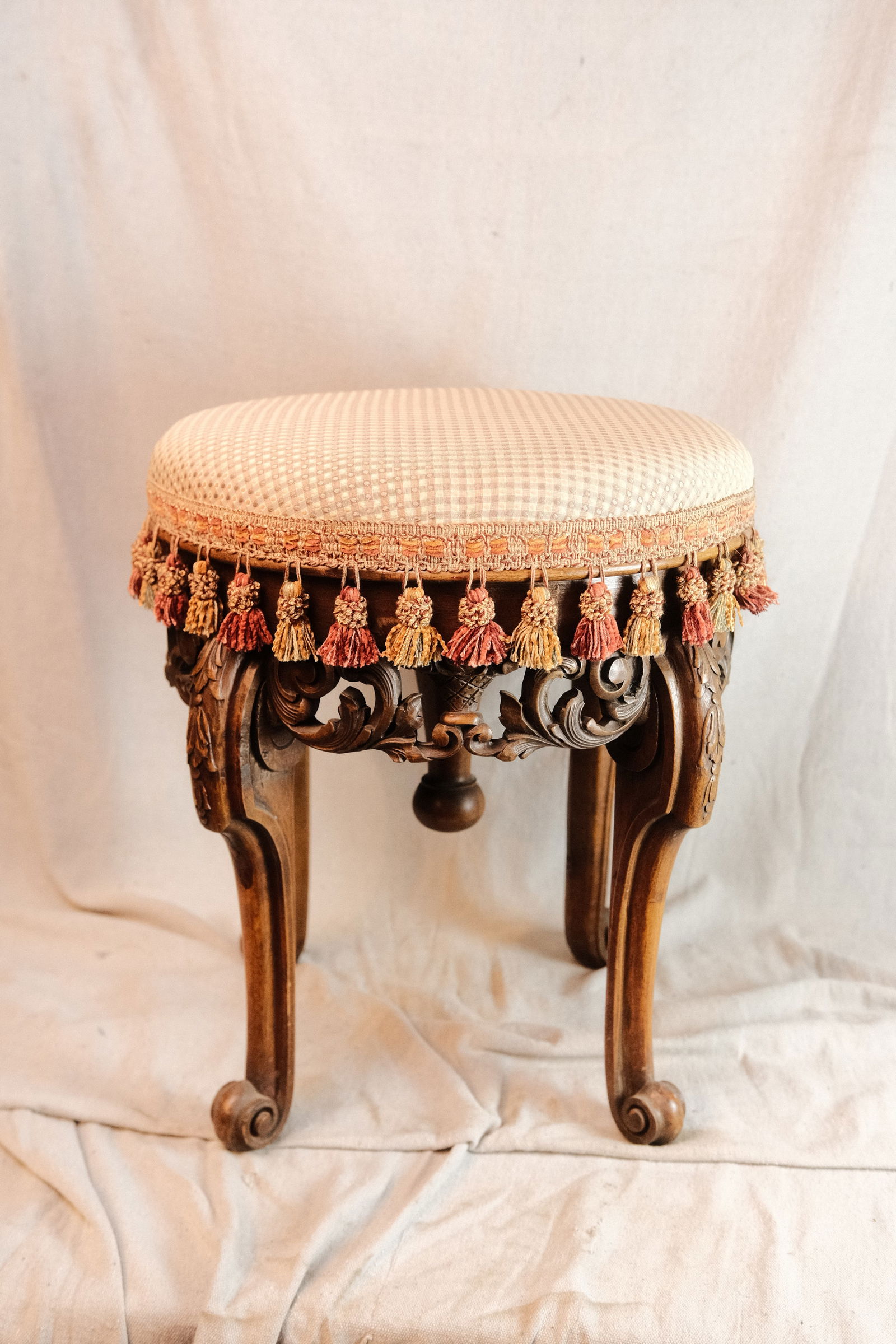 Round Wooden 4 Legged Stool with Decorative Cushion top. (1 of 5)