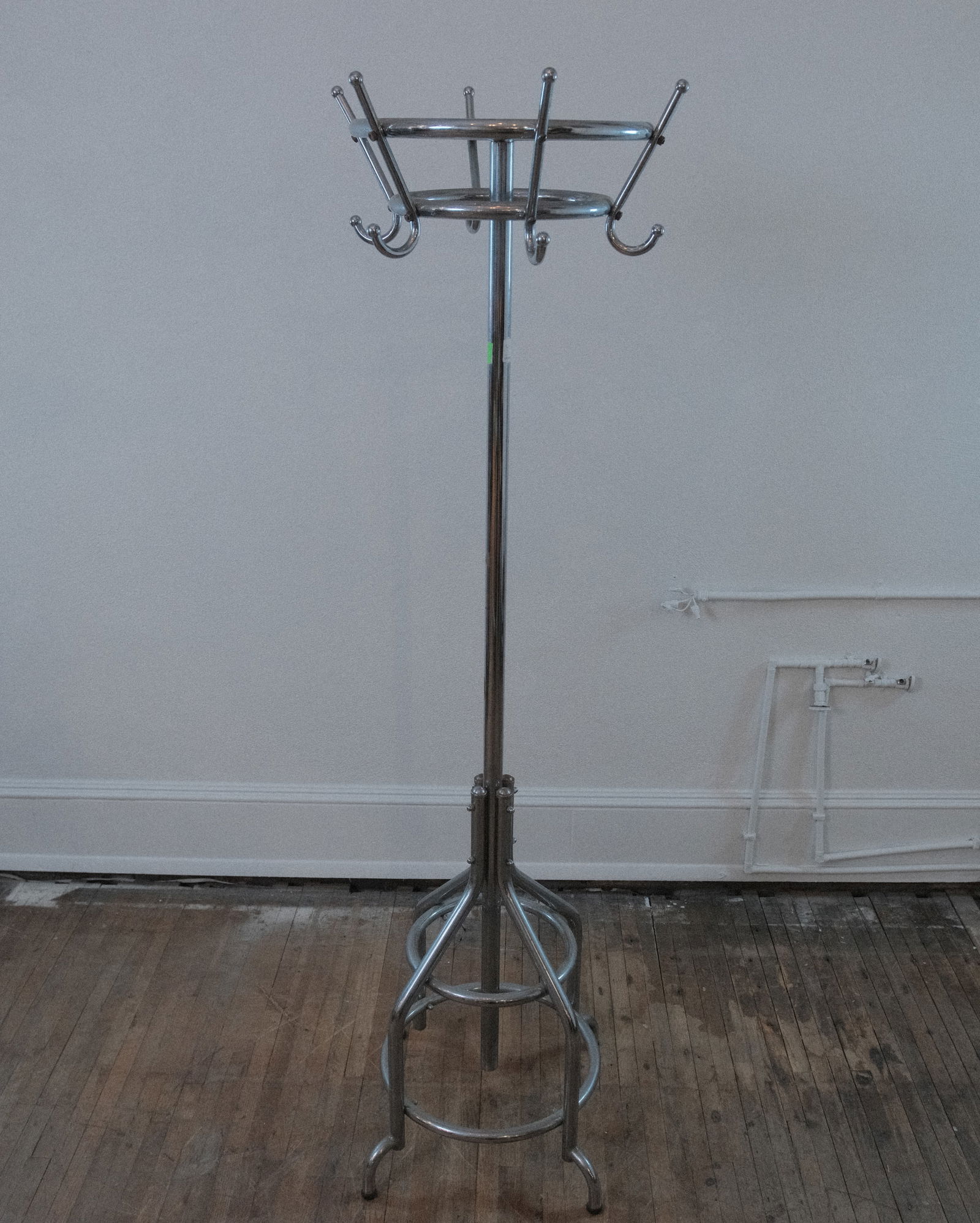 Chrome Metal Circular Coat Rack with 6 hanging hooks and Hat Shelf (1 of 3)