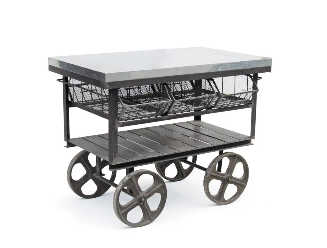 Metal Kiosk Style Cart on wheels: Contemporary Metal Kiosk style Market cart on wheel with 4 pull out basket style shelves and natural finish wood lower shelf