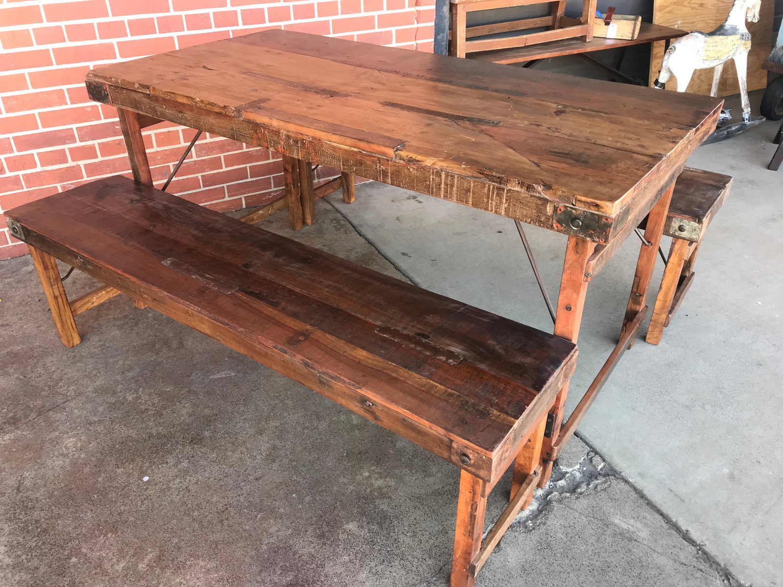 Farmhouse Style Dark Stained Dining Table with matching pair of benches (1 of 13)