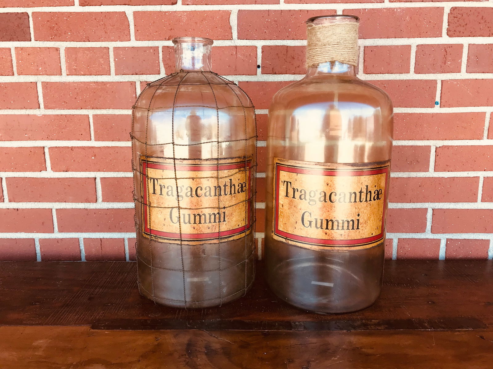 Glass Apothocary Jar "Tragacanth Gum" in original wire cage and jute accents, lot of 2 bottles (1 of 4)
