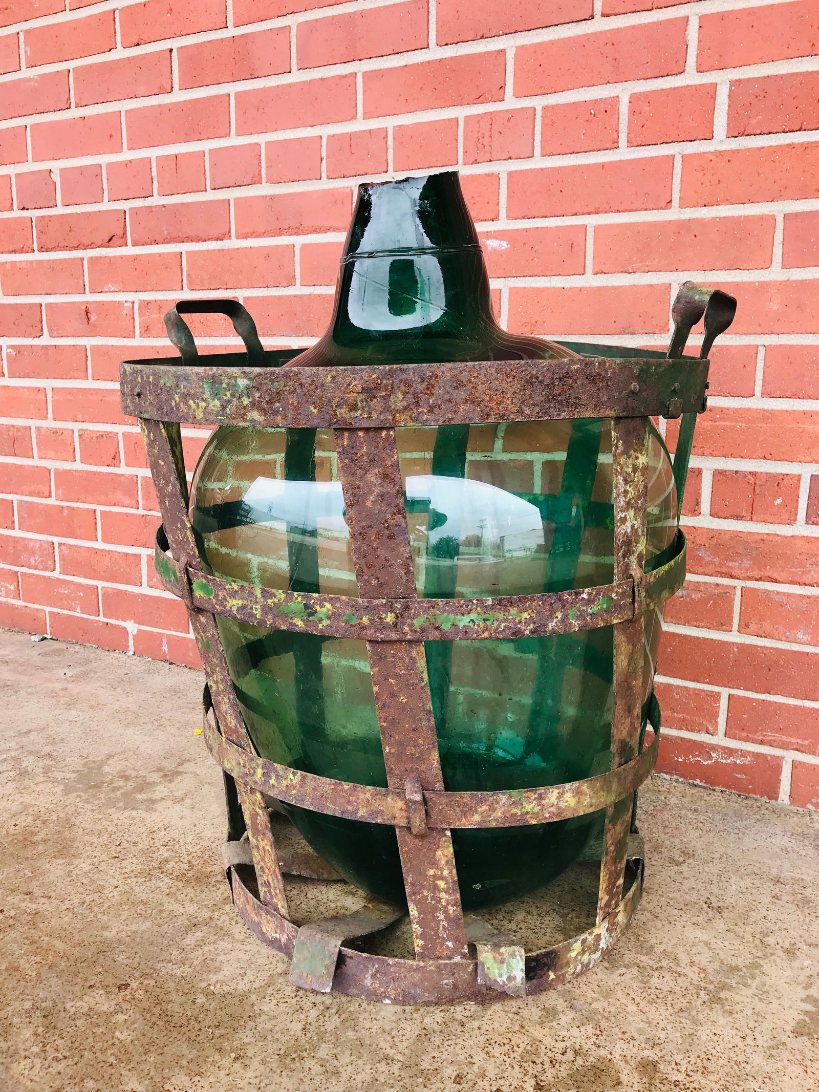 Rustic 19th Century "First Press" Green Glass Demijohn in Original Metal Crate (1 of 7)
