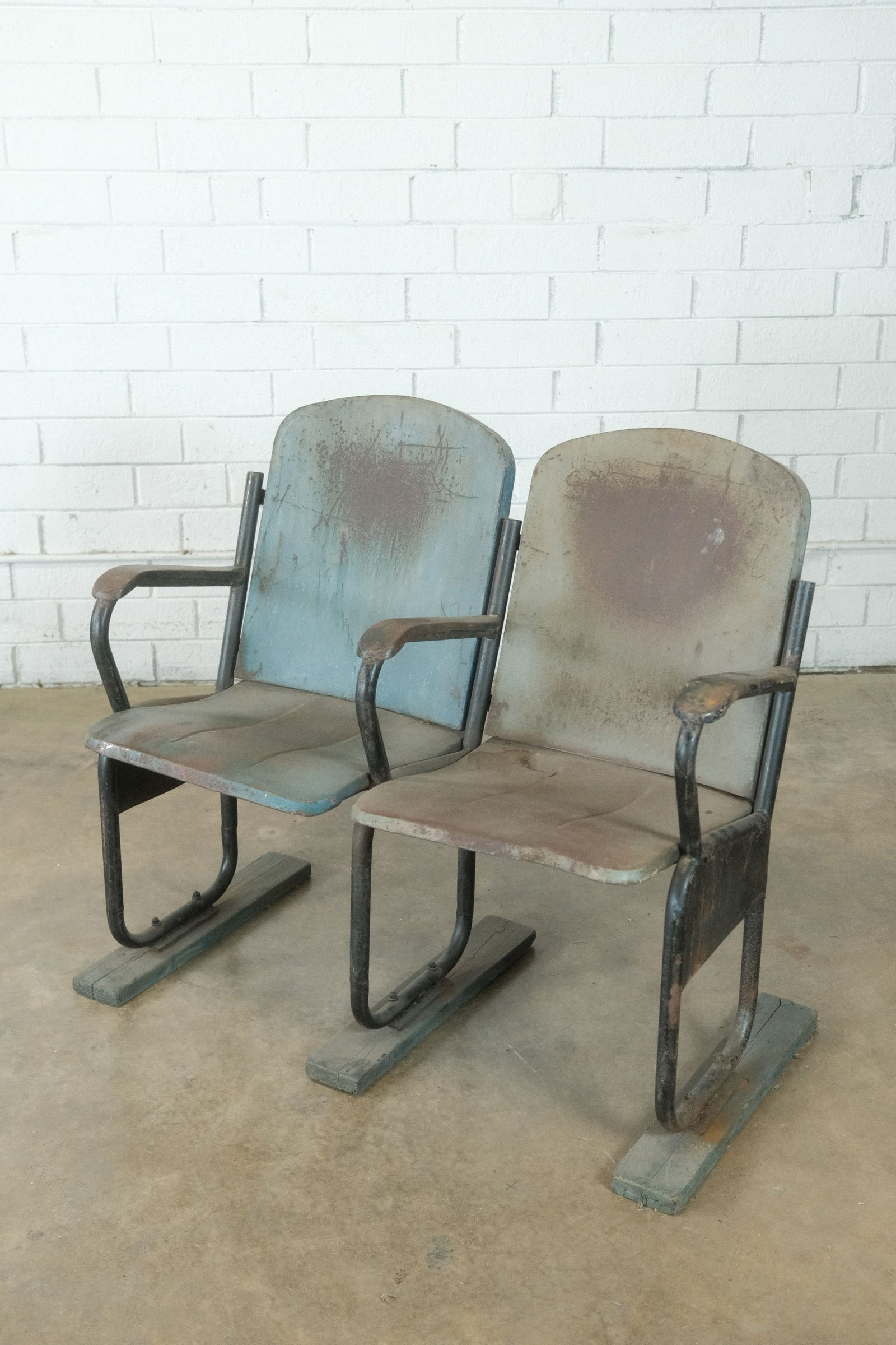 Vintage Metal Stadium Seat, one pair.: Rustic metal fold up style Stadium Seating/Movie Theater seating, on pair, in a painted grey finish.
