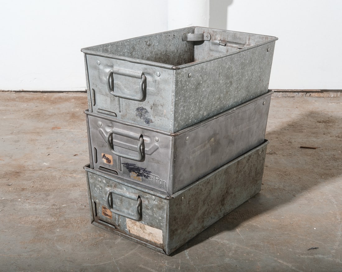 Galvanized Metal "Tote Pan" Rectangular Storage Bins, set of 3 (1 of 6)