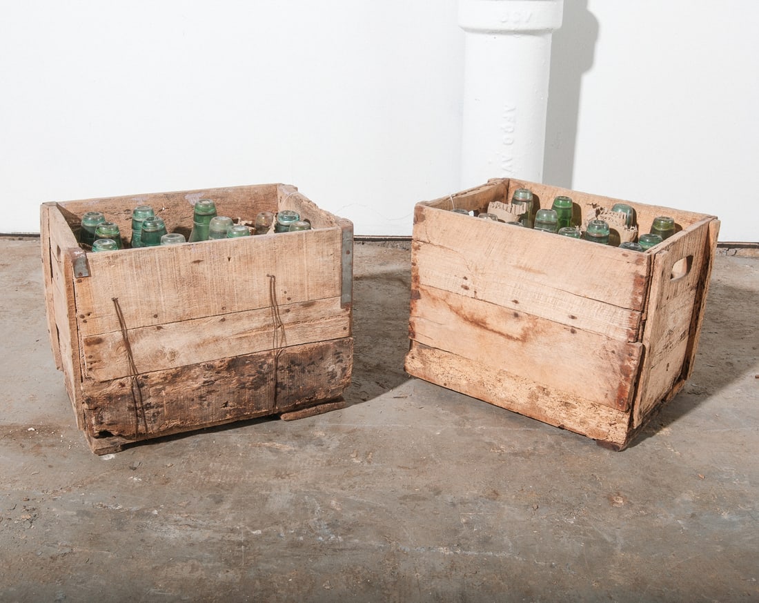 Antique Blue Green "Codd" Bottles in Wood Bin (1 of 5)