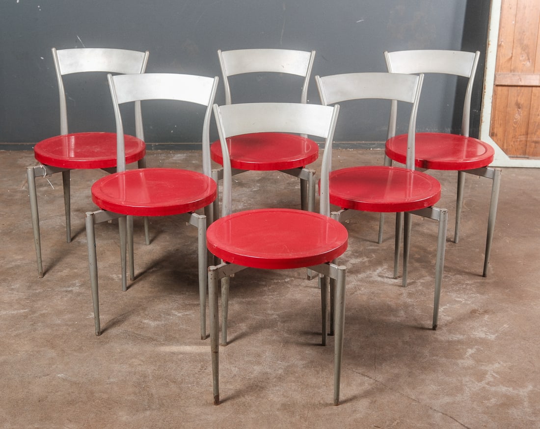 Contemporary Modern Metal Dining Chairs with Round Red Seat, set of 6 (1 of 6)