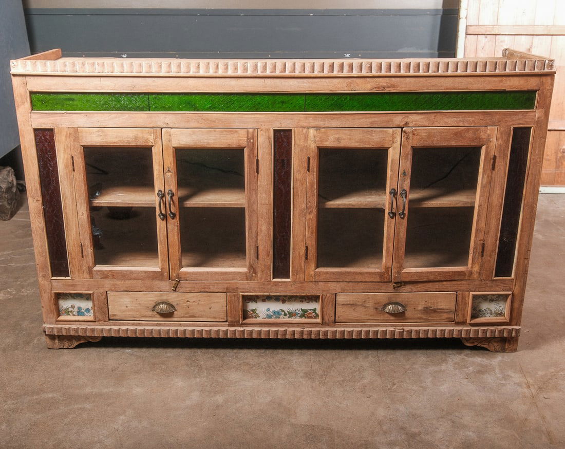 Anglo Indian Rustic Bleached Glass Front Cabinet With Tile Accents (1 of 6)