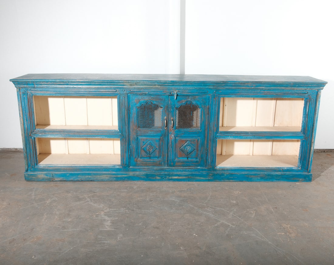 Anglo Indian Turquoise Blue Console Cabinet with Center Storage (1 of 8)