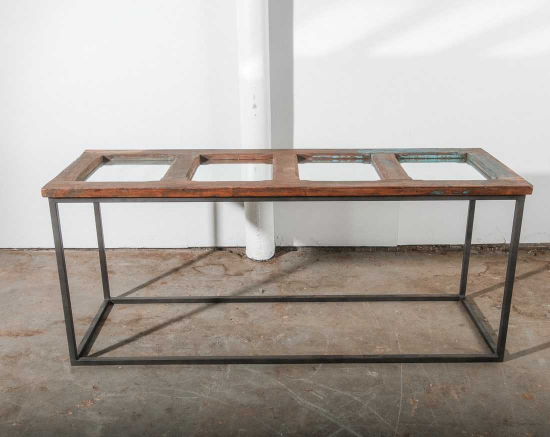 Wrought Iron Console Table with vintage Mirrored "shutter door" Top (1 of 6)