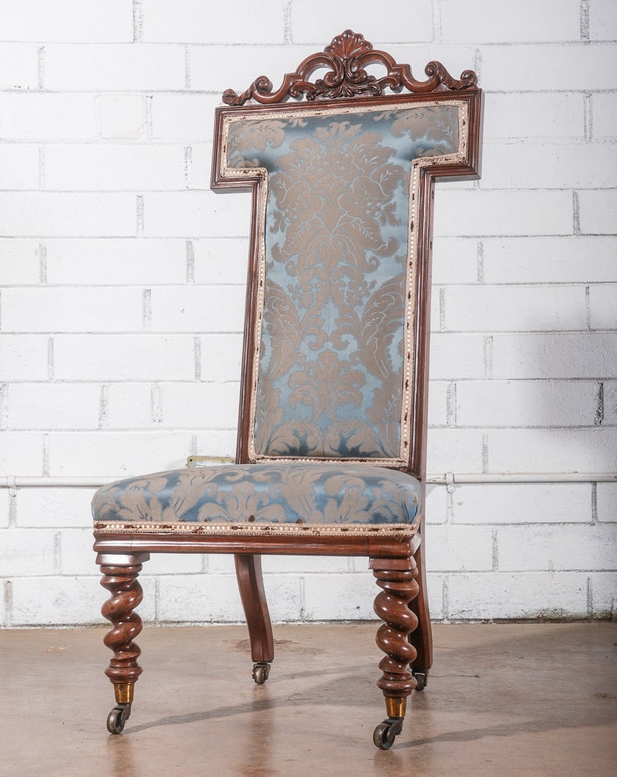 European Carved Accent chair with silk brocade and Barley Twist legs (1 of 5)
