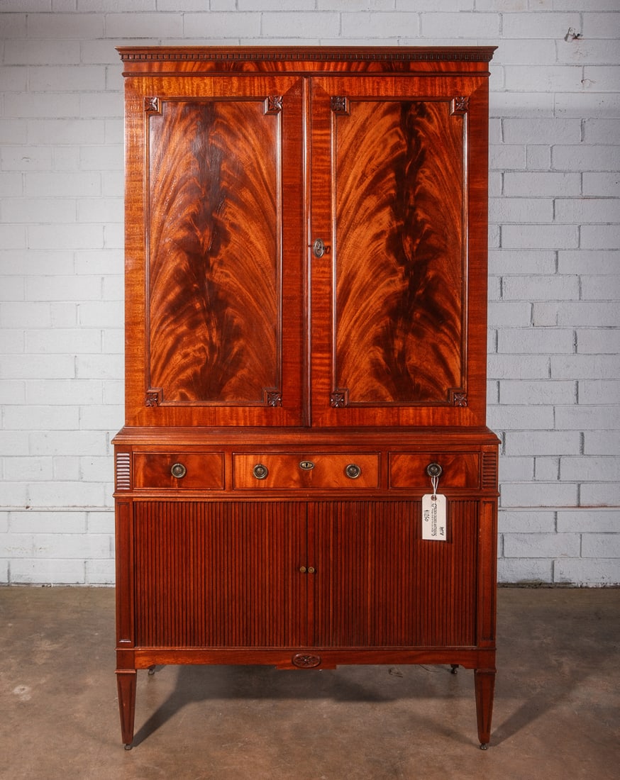 Federal Style Linen Pres with Flame Mahogany doors: Federal Style English Armoire Cabinet with center drawer and lower storage. Beautiful Cross grain "Flame Mahogany" doors have intricate raised framed wood accents. Lower storage cabinet includes origi