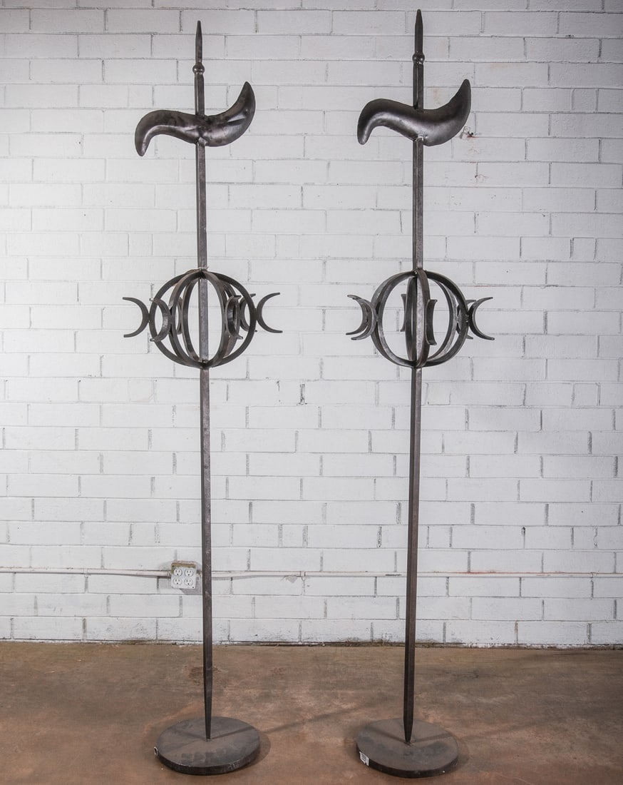 Wrought Iron Architectural Garden Accent Sculpture Pair: Black wrought iron architectural garden accent sculpture, abstract in design, one matching pair