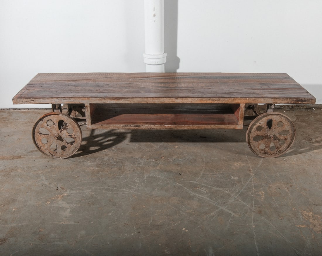 Industrial Four Wheel Rolling Coffee Table (1 of 6)