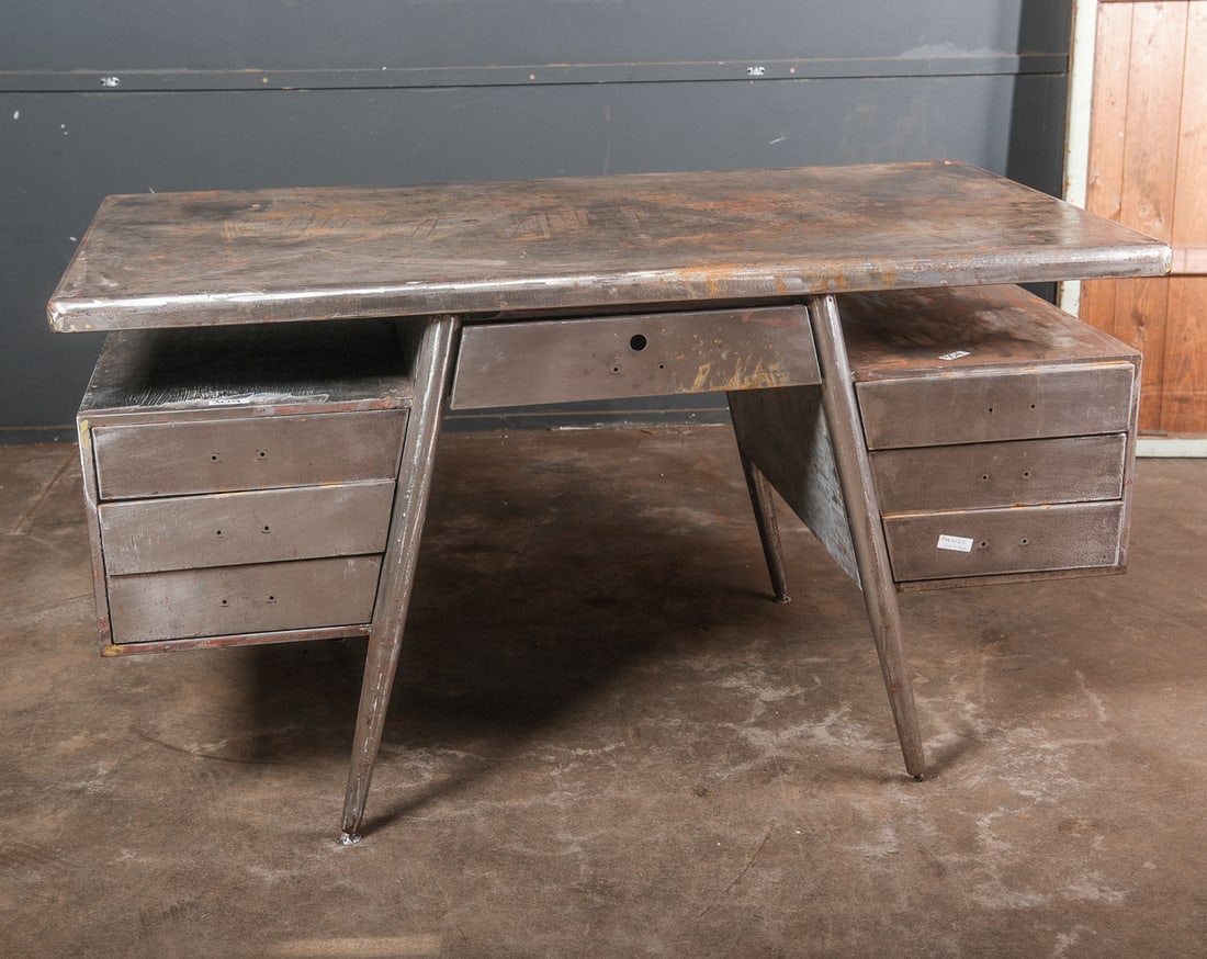 Industrial "A" frame Steel Metal Executive Desk: Industrial "A" frame style Metal Executive Desk with 6 side drawers and 1 center drawer. The steel metal finish combined with the unusual "A" frame design captures an organic yet raw stylized design e