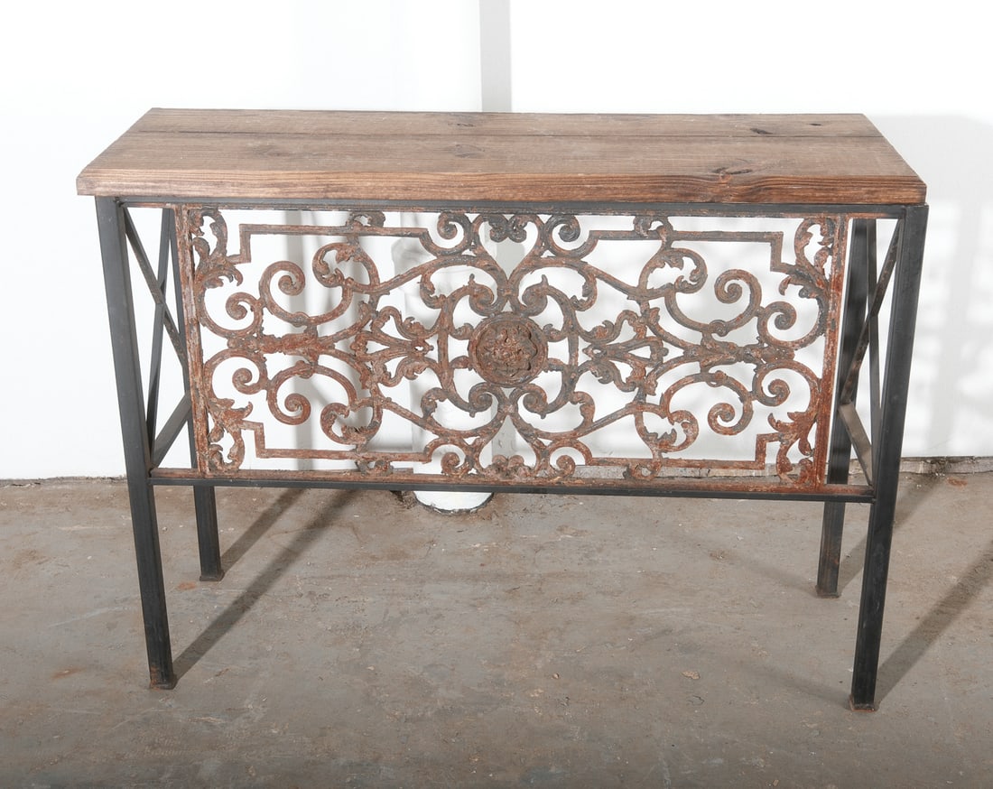 Wrought Iron Architectural Pannel Console Table with Wood Top (1 of 5)