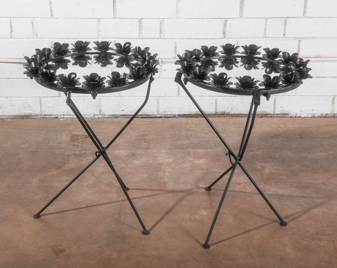 Pair of Round Black 3D Floral Accent Table with Mirror Top (1 of 3)