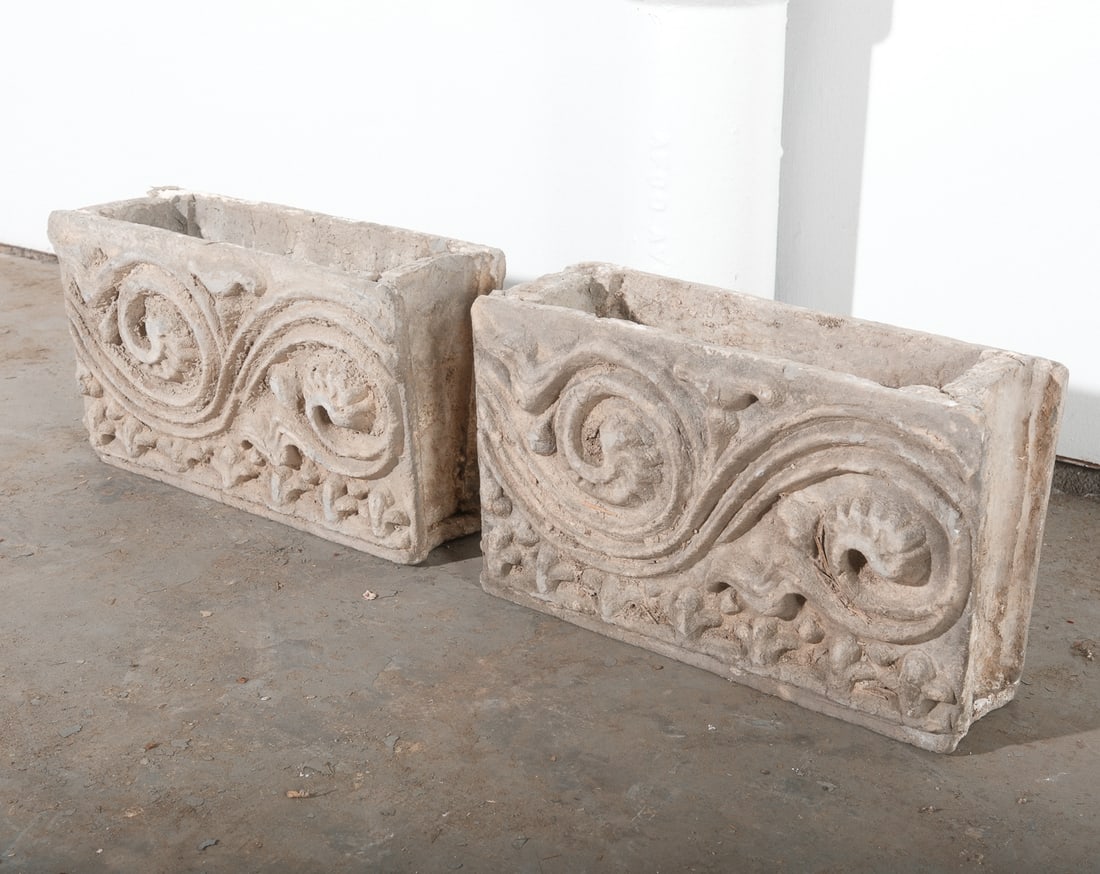Rectangular Cement Planters with Paisley Relief Scroll Design, one pair (1 of 5)