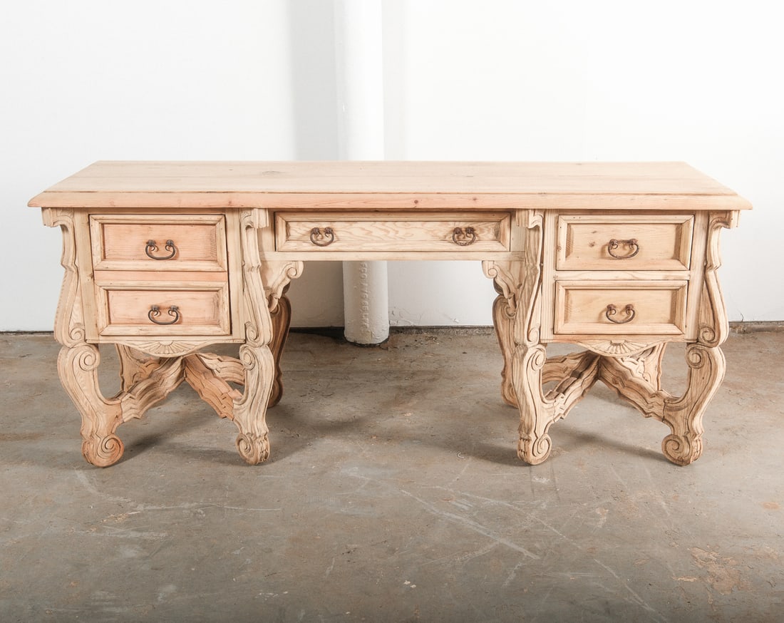 French Provincial Style Bleached Wooden Desk with ornate legs (1 of 6)