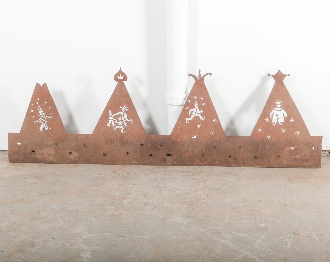 Rustic Metal 8+ ft.  Wall Panel with intricate pierced Jester or Circus themed cutouts (1 of 4)