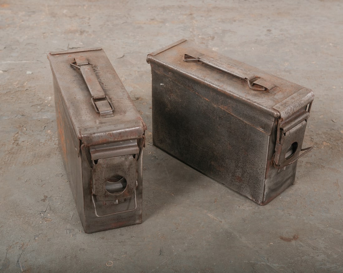 Lot of Two Polish Iron Ammo Boxes: An authentic lot of two ammunition boxes in a natural industrial finish