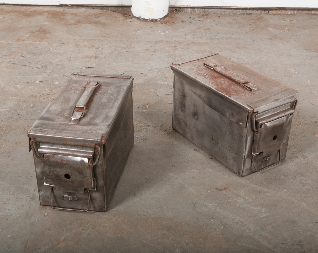 Lot of Two Polish Iron Ammo Boxes: An authentic lot of two ammunition boxes in a natural industrial finish