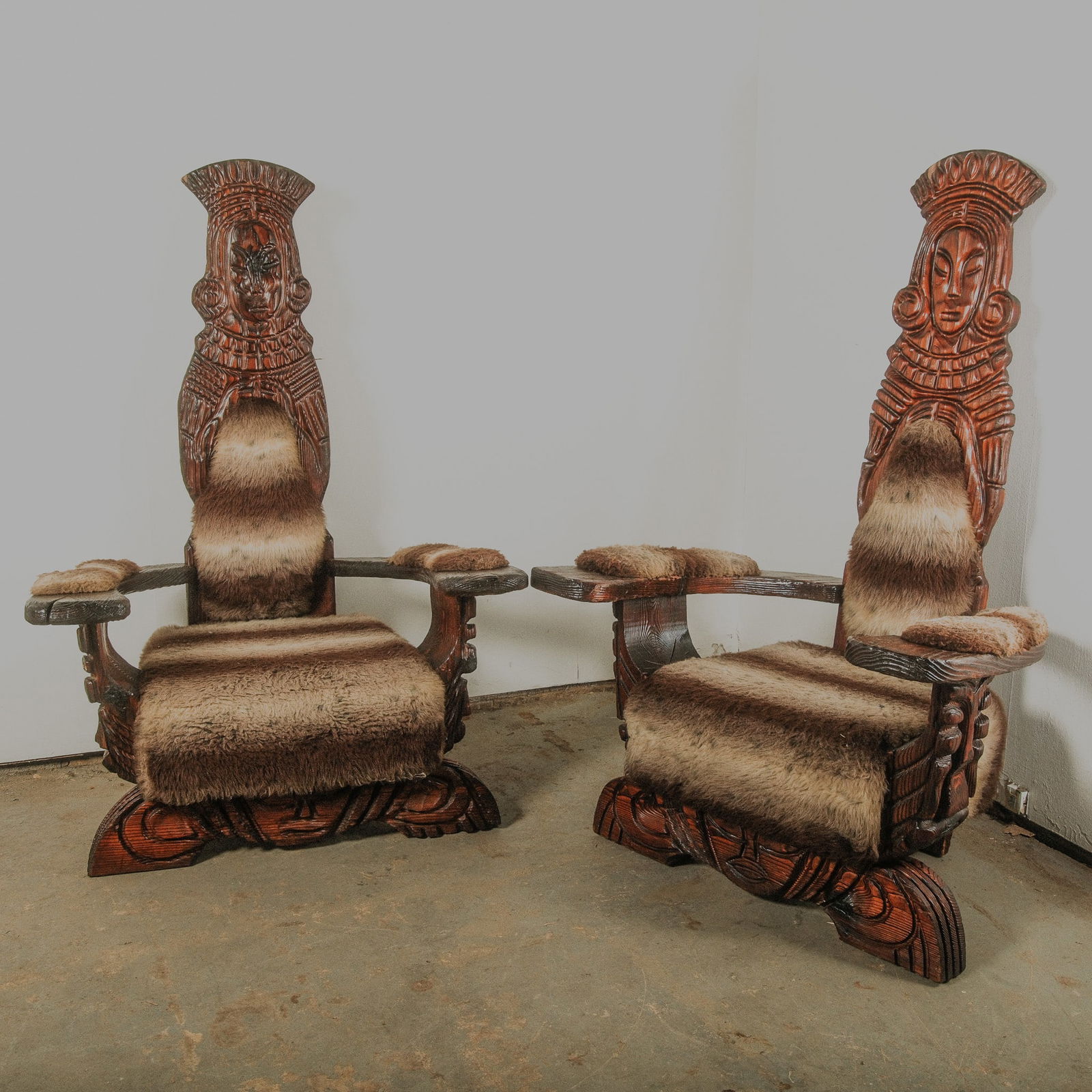 Mid Century Modern Witco Tiki Wood Carved Arm Chair Pair,.
