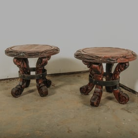 Mid Century Modern Witco Tiki Chic Wood Carved End Table Pair