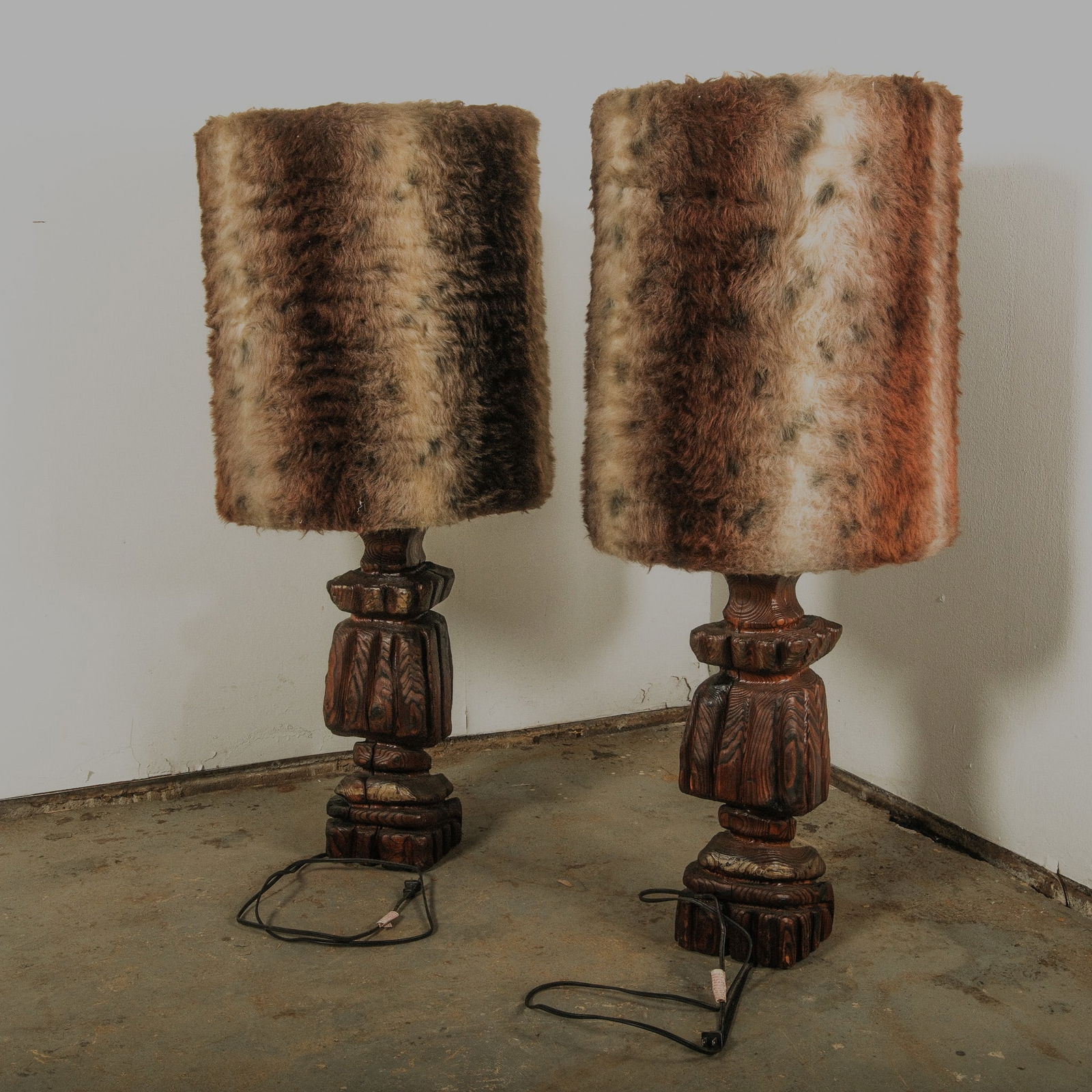 Mid Century Modern Tiki Wood Carved Table Lamps with "Fur" Shades, one pair (1 of 6)