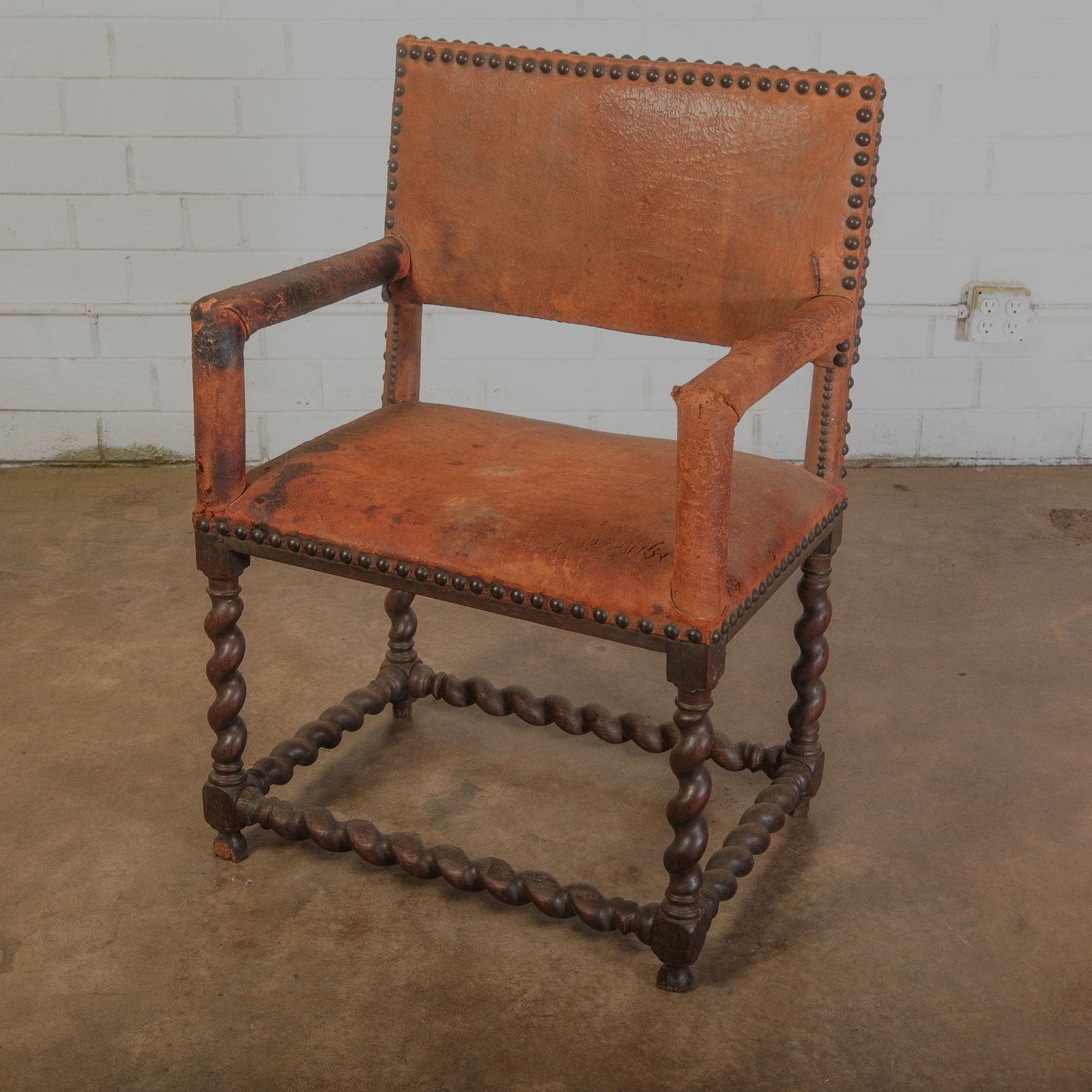 Antique Leather Jacobean Barley  Twist Arm Chair (1 of 5)