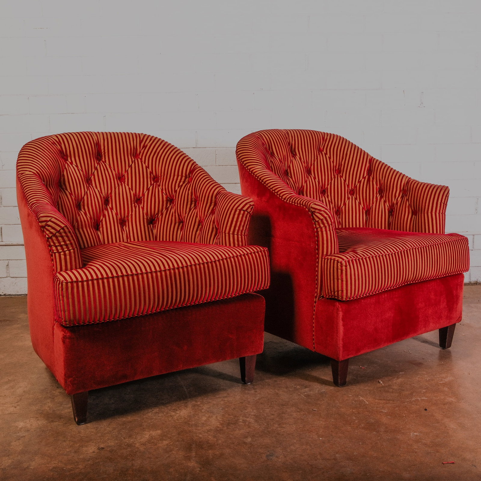 Red Damask striped Club Chairs, one pair: Red striped crushed velvet and gold striped fabric club chairs with buttonback upholstery and tapered wooden legs. Listing is for one matching pair.