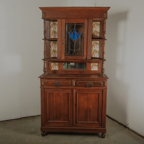French Louis XV style Walnut Cabinet with Stained glass accents