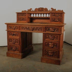 Gothic Revival Hand Carved Oak Library Desk