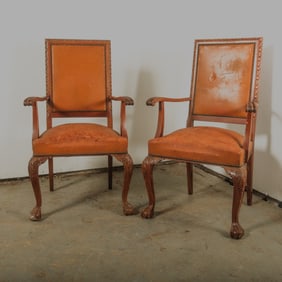 Antique Mahogany framed Armchair pair with leather seat and back