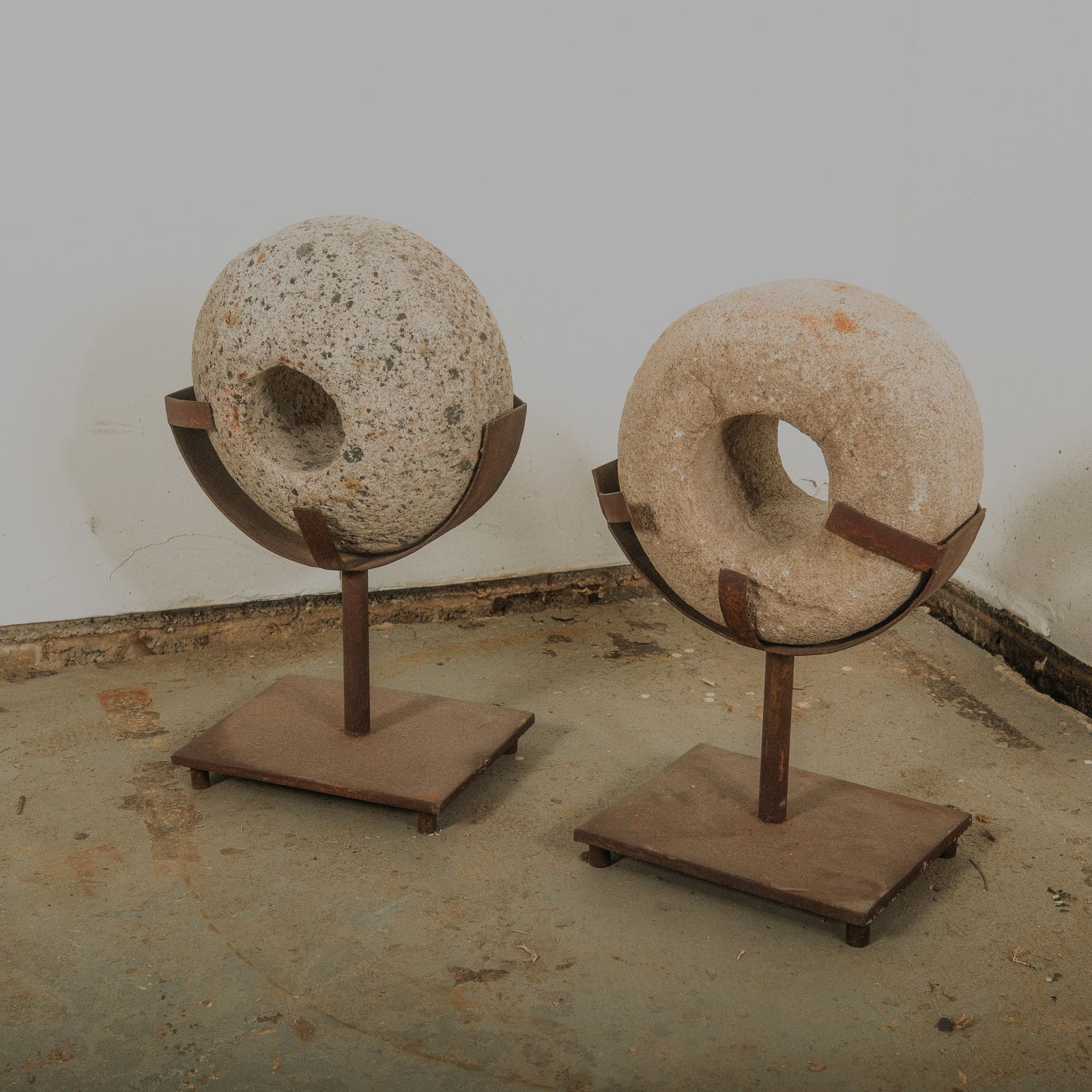 Rustic Mill Stone on Iron Stand, set of two (1 of 3)