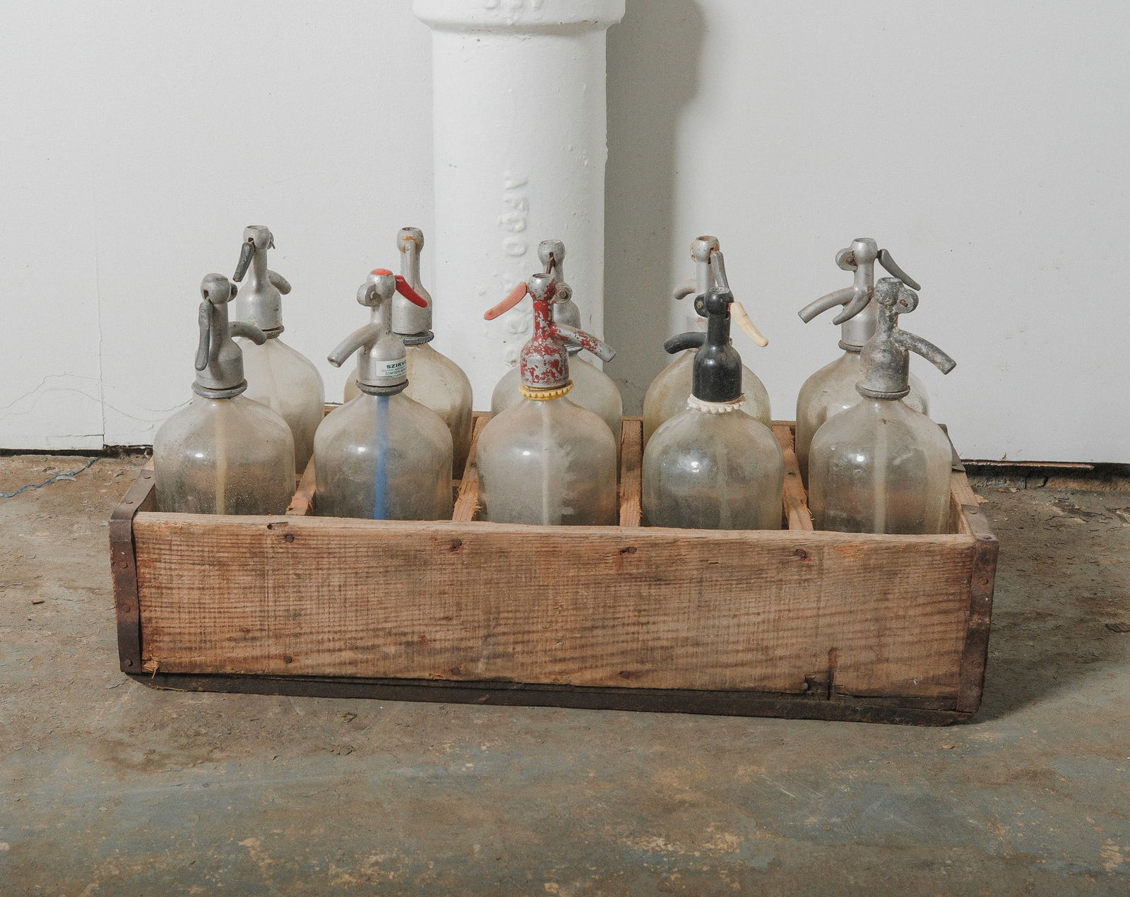 Collection of 8 Vintage Glass Seltzer Bottles in Original Wood Crate (1 of 3)