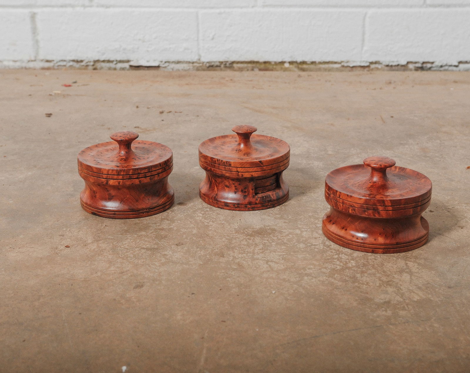 Vintage Burl Wood Coaster set with Lidded storage box, hand turned, set of 3 (1 of 4)