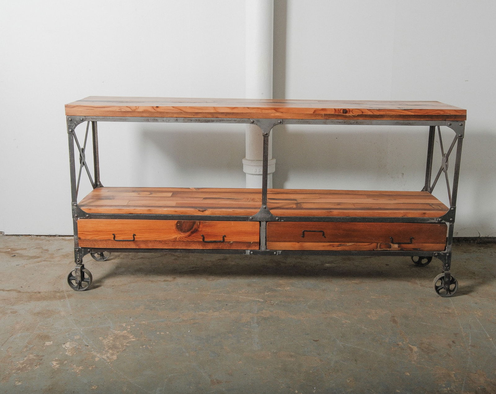 Industrial Console Table with Drawers and Casters with Thick Wood Top (1 of 5)